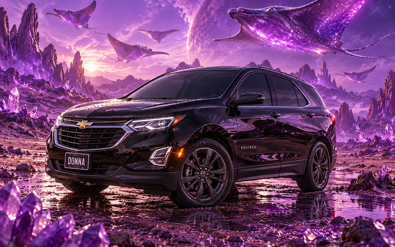Donna Dew’s black 2025 Chevrolet Equinox. Donna Beneath Floating Amethyst Rays. Fictional automotive artwork.