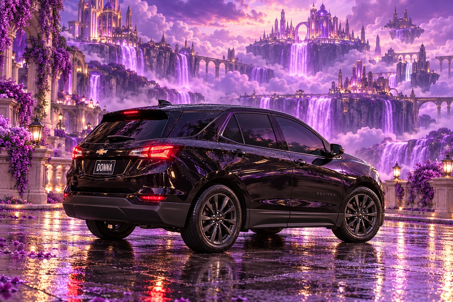 Donna Dew’s black 2025 Chevrolet Equinox. Donna in the Lavender Cloud City. Fictional automotive artwork.
