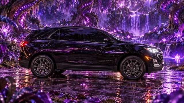 Donna Dew’s black 2025 Chevrolet Equinox. Black Equinox in a Violet Jungle. Fictional automotive artwork.