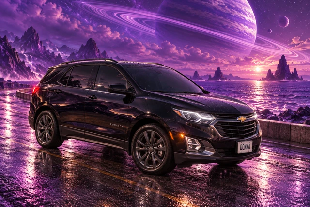 Donna Dew’s black 2025 Chevrolet Equinox. Donna beneath a violet ringed planet. Fictional automotive artwork.