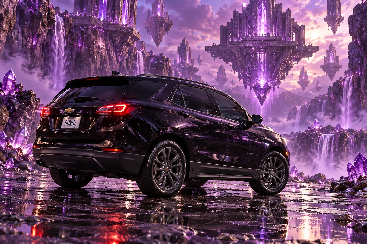 Donna Dew’s black 2025 Chevrolet Equinox. Black Equinox in Amethyst Canyon. Fictional automotive artwork.