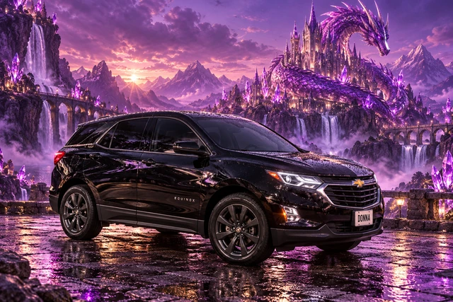 Donna Dew’s black 2025 Chevrolet Equinox. Black Equinox beside a Crystal Dragon. Fictional automotive artwork.