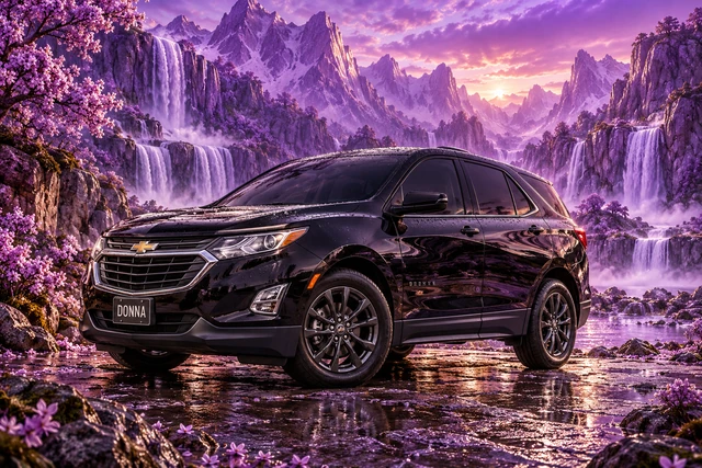 Donna Dew’s black 2025 Chevrolet Equinox. Donna in the Lilac Waterfall Realm. Fictional automotive artwork.