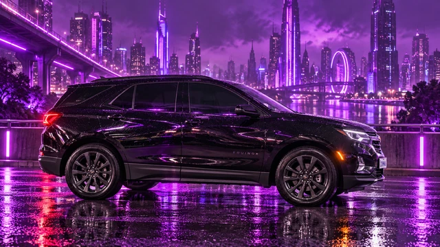 Donna Dew’s black 2025 Chevrolet Equinox. Donna under violet neon rain. Fictional automotive artwork.