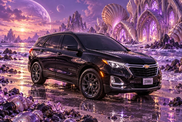 Donna Dew’s black 2025 Chevrolet Equinox. Black Equinox at a Purple Seashell Cathedral. Fictional automotive artwork.