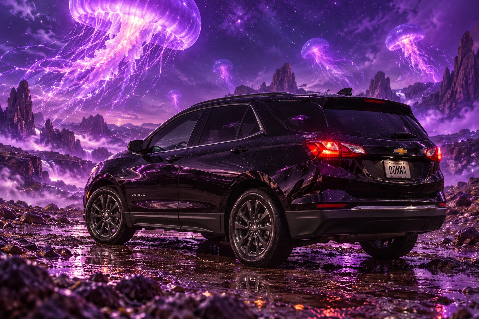 Donna Dew’s black 2025 Chevrolet Equinox. Donna Under a Glowing Purple Jellyfish. Fictional automotive artwork.
