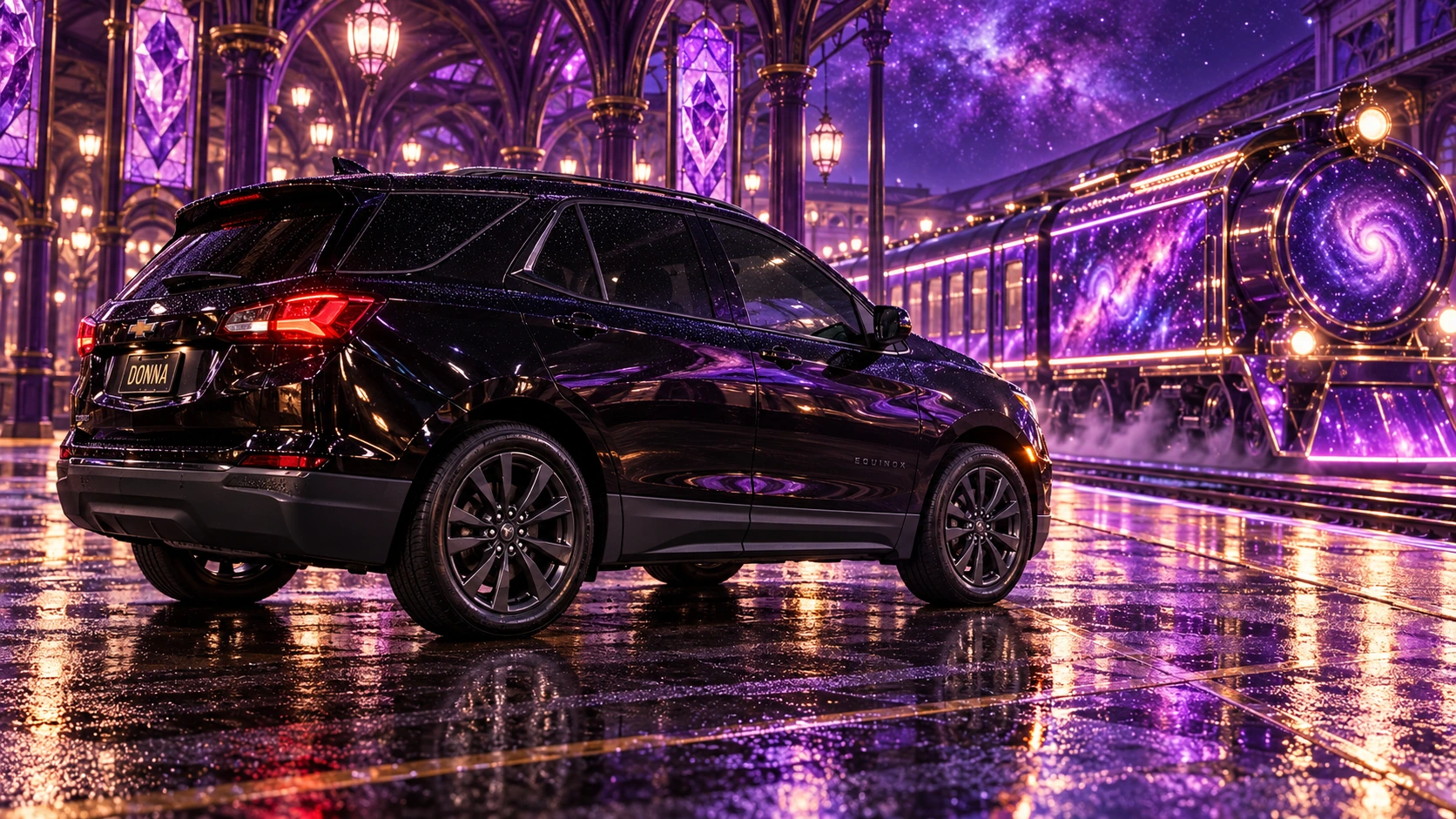 Donna Dew’s black 2025 Chevrolet Equinox. Donna at the Amethyst Galaxy Station. Fictional automotive artwork.