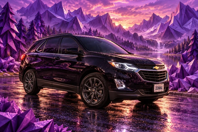 Donna Dew’s black 2025 Chevrolet Equinox. Black Equinox in Purple Origami Mountains. Fictional automotive artwork.