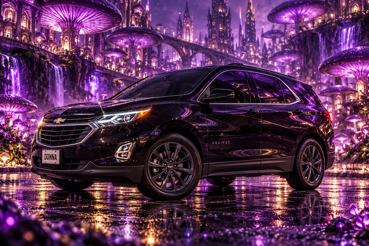 Donna Dew’s black 2025 Chevrolet Equinox. Donna in a Violet Mushroom Metropolis. Fictional automotive artwork.