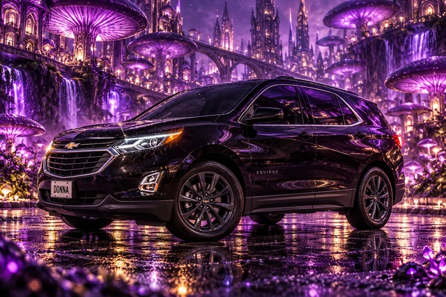 Donna Dew’s black 2025 Chevrolet Equinox. Donna in a Violet Mushroom Metropolis. Fictional automotive artwork.