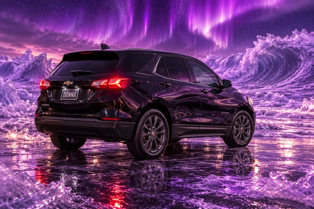 Donna Dew’s black 2025 Chevrolet Equinox. Donna Under a Violet Aurora. Fictional automotive artwork.