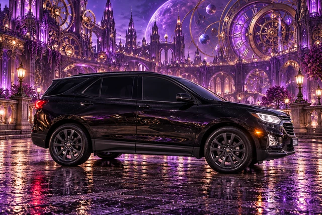 Donna Dew’s black 2025 Chevrolet Equinox. Black Equinox in a Purple Clockwork City. Fictional automotive artwork.