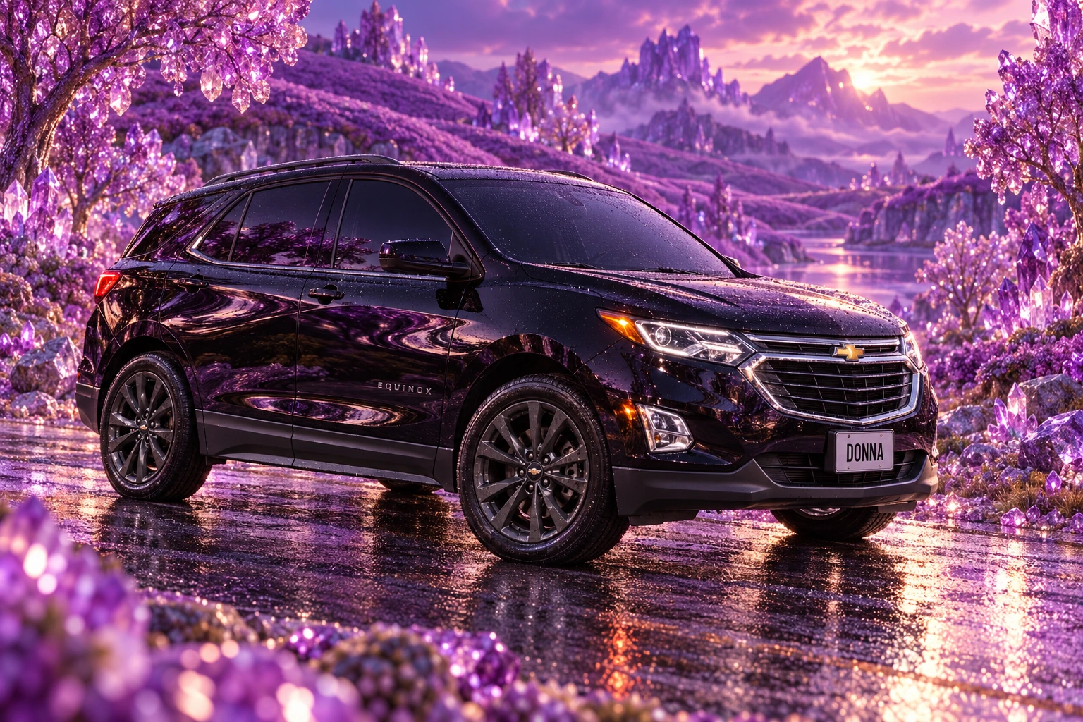 Donna Dew’s black 2025 Chevrolet Equinox. Black Equinox in Purple Crystal Hills. Fictional automotive artwork.