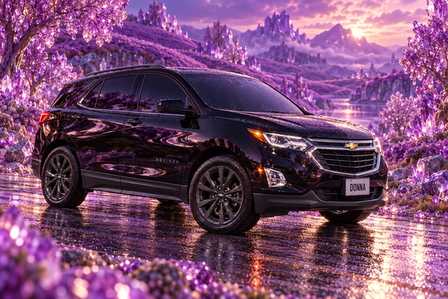 Donna Dew’s black 2025 Chevrolet Equinox. Black Equinox in Purple Crystal Hills. Fictional automotive artwork.