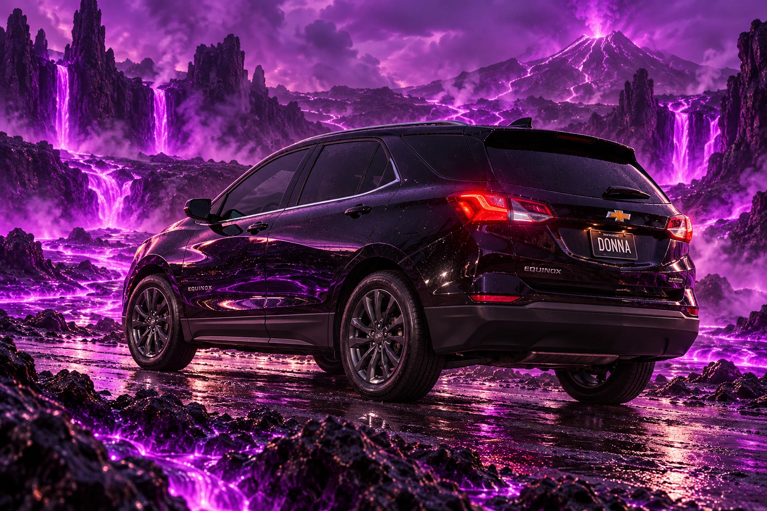 Donna Dew’s black 2025 Chevrolet Equinox. Donna Amid Purple Obsidian Lava. Fictional automotive artwork.