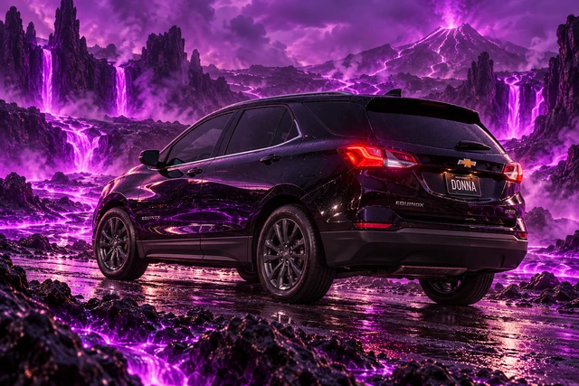 Donna Dew’s black 2025 Chevrolet Equinox. Donna Amid Purple Obsidian Lava. Fictional automotive artwork.