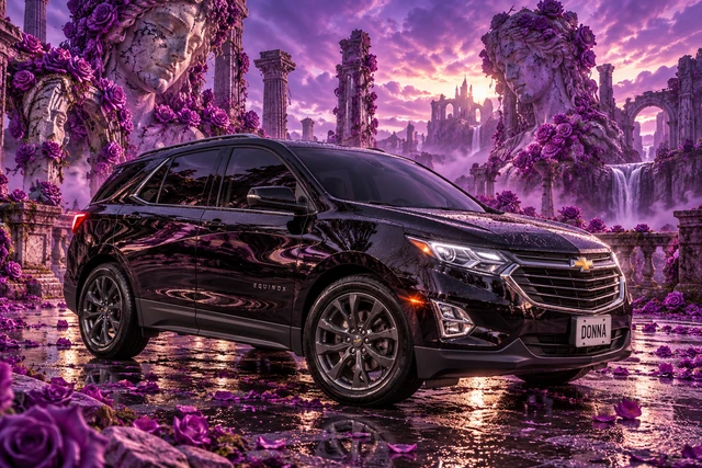 Donna Dew’s black 2025 Chevrolet Equinox. Donna in the Purple Rose Ruins. Fictional automotive artwork.