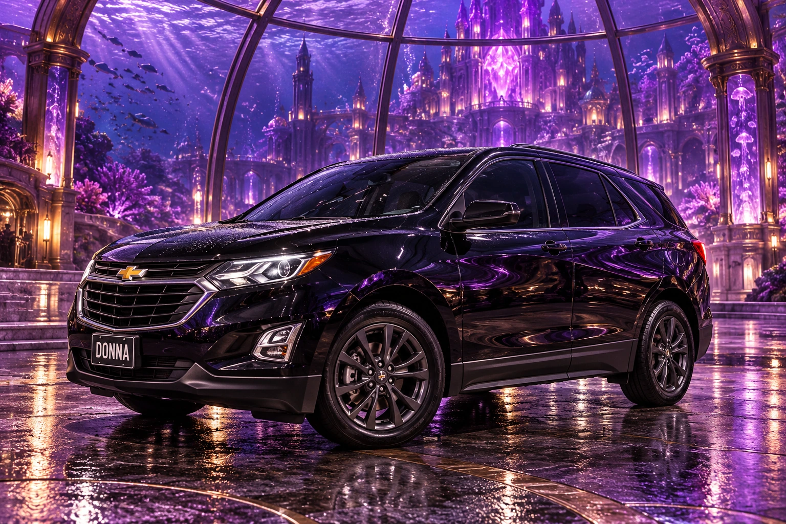 Donna Dew’s black 2025 Chevrolet Equinox. Donna beneath the amethyst glass dome. Fictional automotive artwork.