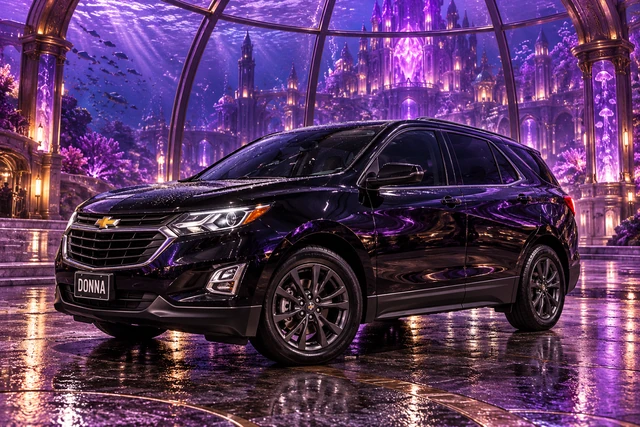 Donna Dew’s black 2025 Chevrolet Equinox. Donna beneath the amethyst glass dome. Fictional automotive artwork.