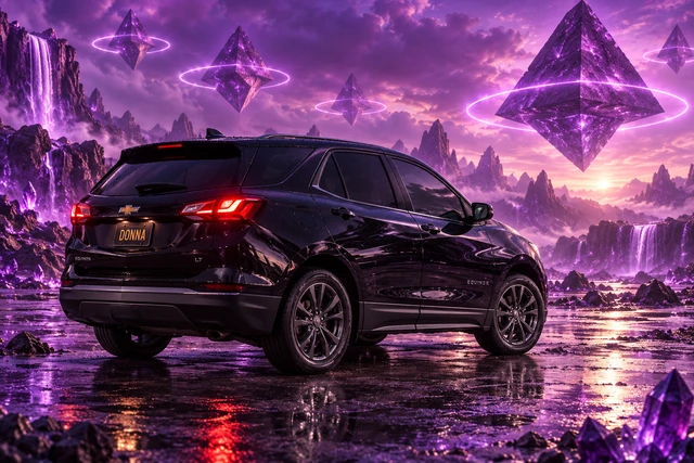 Donna Dew’s black 2025 Chevrolet Equinox. Donna in a Purple Pyramid Realm. Fictional automotive artwork.