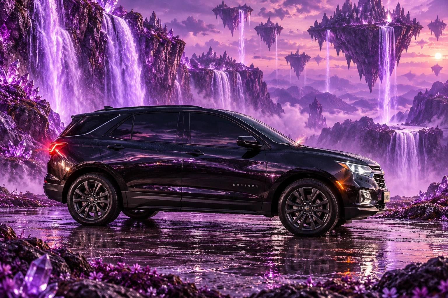 Donna Dew’s black 2025 Chevrolet Equinox. Black Equinox in a Violet Waterfall World. Fictional automotive artwork.