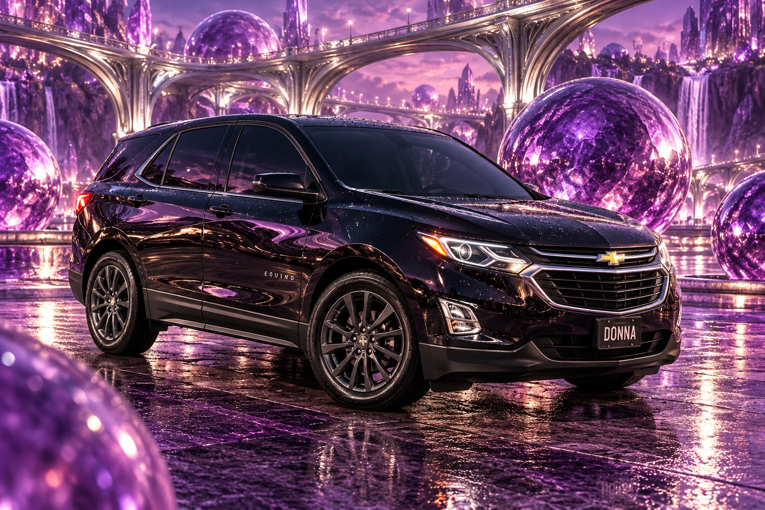 Donna Dew’s black 2025 Chevrolet Equinox. Donna in a Purple Marble World. Fictional automotive artwork.