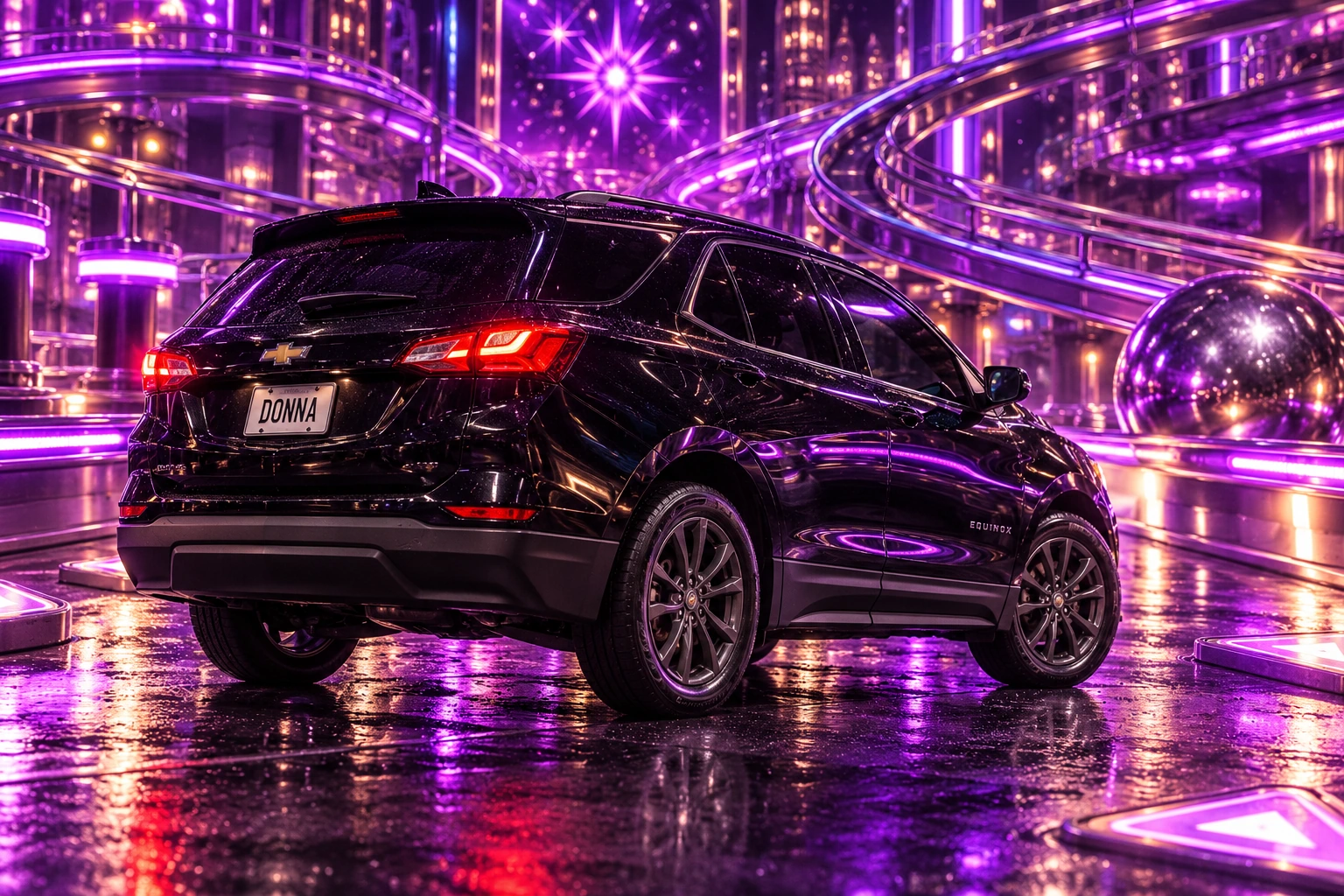 Donna Dew’s black 2025 Chevrolet Equinox. Donna in the Purple Pinball World. Fictional automotive artwork.