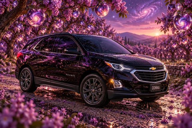 Donna Dew’s black 2025 Chevrolet Equinox. Donna in the Galactic Lilac Orchard. Fictional automotive artwork.