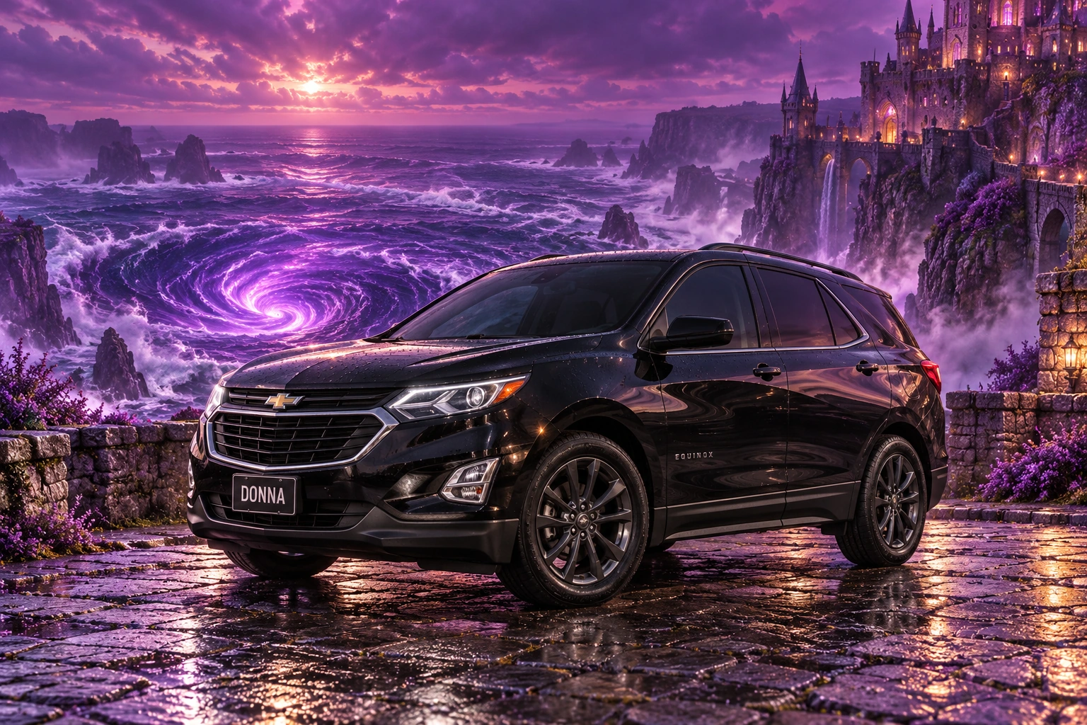 Donna Dew’s black 2025 Chevrolet Equinox. Donna Above the Violet Whirlpool. Fictional automotive artwork.