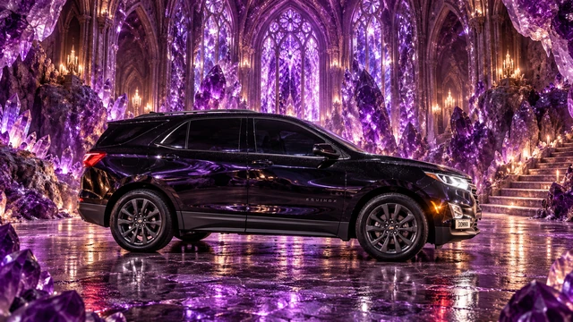 Donna Dew’s black 2025 Chevrolet Equinox. Donna in an Amethyst Cathedral. Fictional automotive artwork.