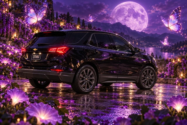 Donna Dew’s black 2025 Chevrolet Equinox. Donna in a Purple Butterfly Garden. Fictional automotive artwork.