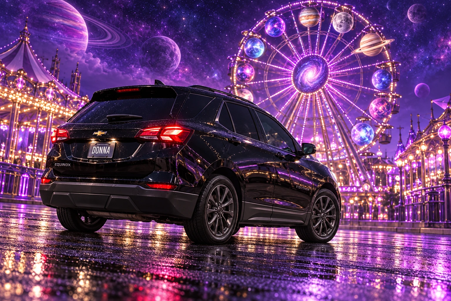 Donna Dew’s black 2025 Chevrolet Equinox. Donna at the Cosmic Carnival. Fictional automotive artwork.