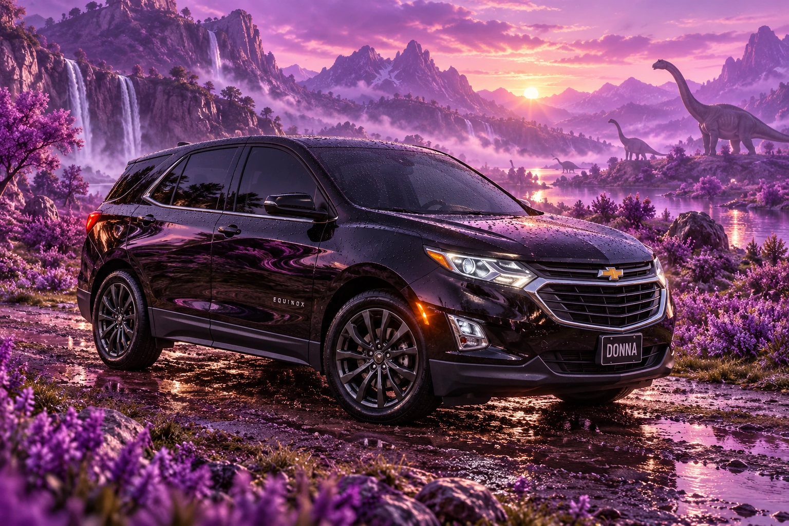 Donna Dew’s black 2025 Chevrolet Equinox. Donna in a Lavender Dinosaur Valley. Fictional automotive artwork.