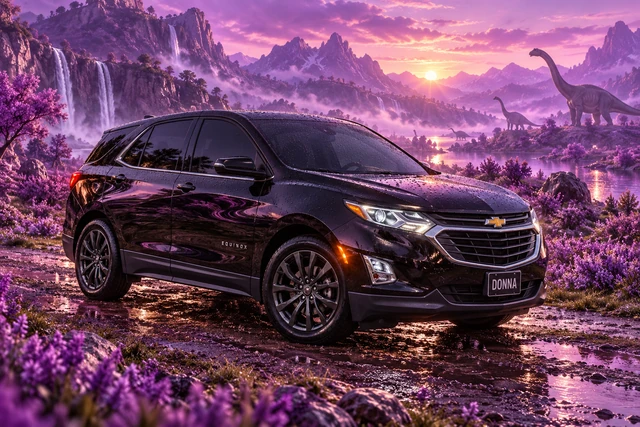 Donna Dew’s black 2025 Chevrolet Equinox. Donna in a Lavender Dinosaur Valley. Fictional automotive artwork.