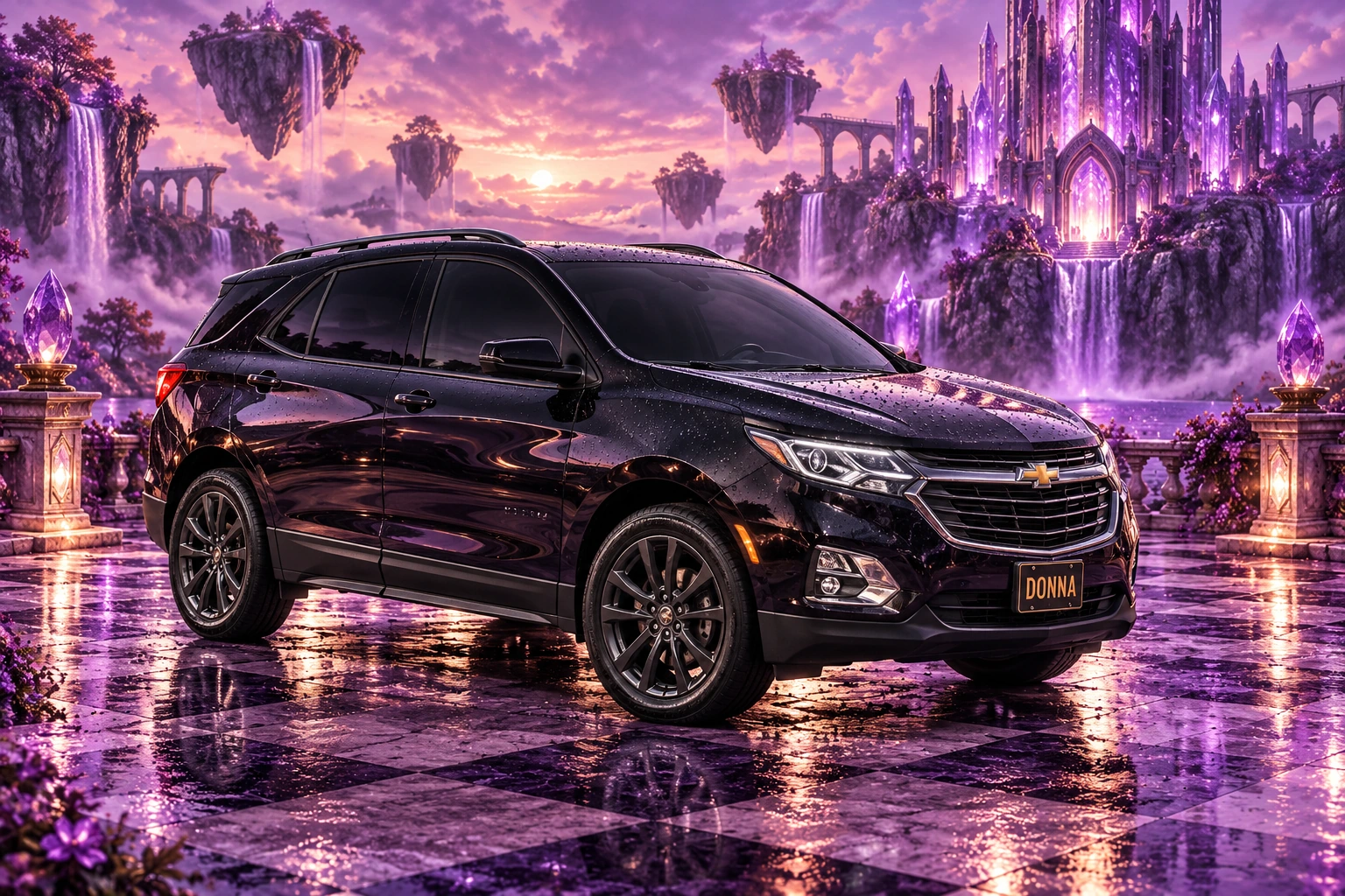 Donna Dew’s black 2025 Chevrolet Equinox. Black Equinox at the Amethyst Citadel. Fictional automotive artwork.