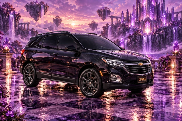 Donna Dew’s black 2025 Chevrolet Equinox. Black Equinox at the Amethyst Citadel. Fictional automotive artwork.