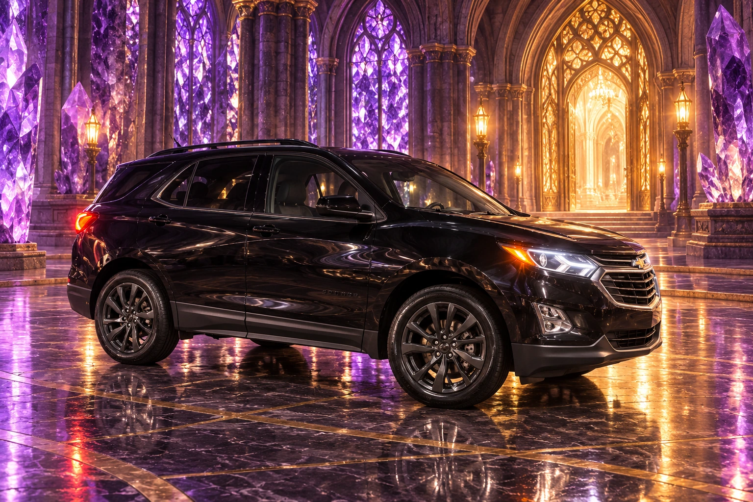 Donna Dew’s black 2025 Chevrolet Equinox. Black Equinox in an amethyst cathedral. Fictional automotive artwork.