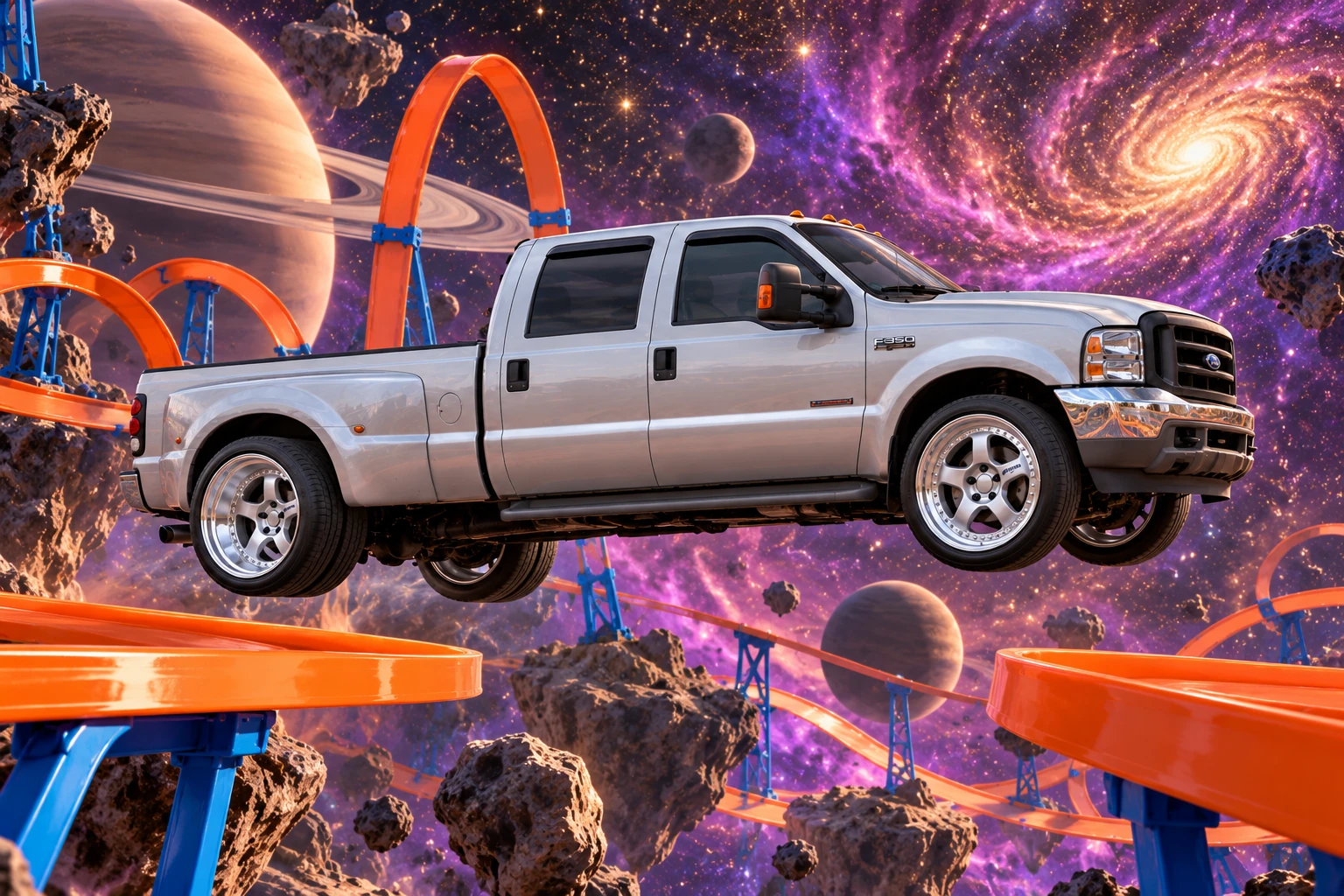 Silver F-350 leaps across cosmic ramps.