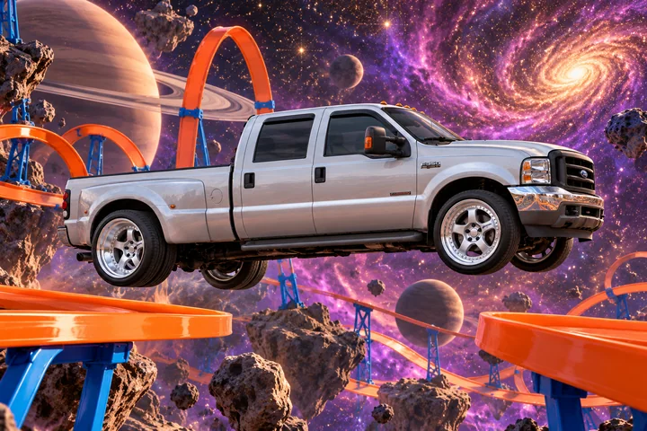 Silver F-350 leaps across cosmic ramps.