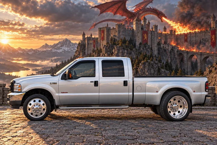 Silver F-350 Beneath a Dragon Fortress.