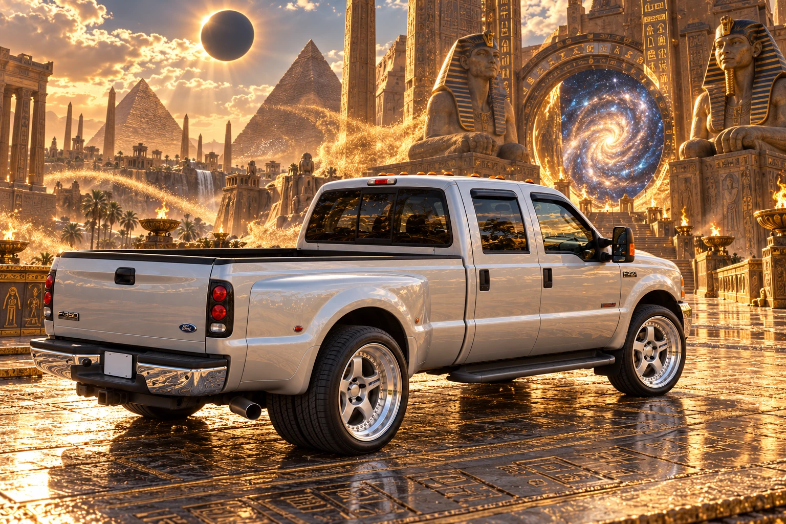 Silver F-350 beneath Pharaoh’s star gate.