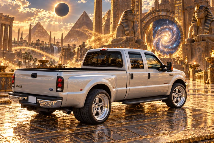 Silver F-350 beneath Pharaoh’s star gate.