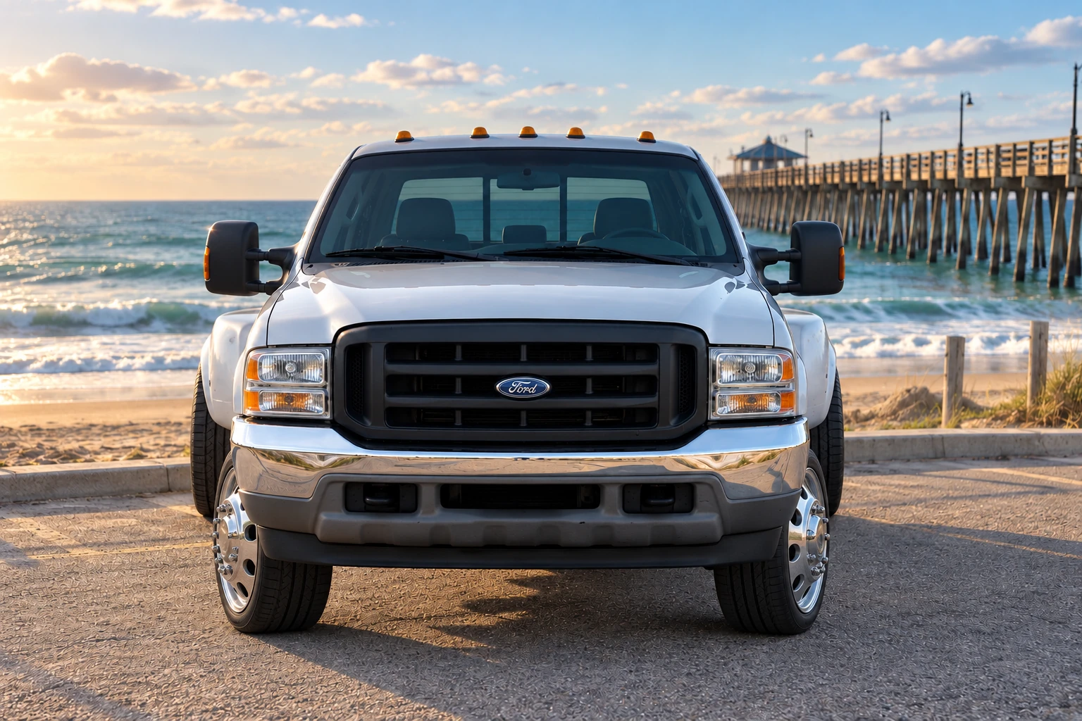 Silver F-350 with polished super singles.