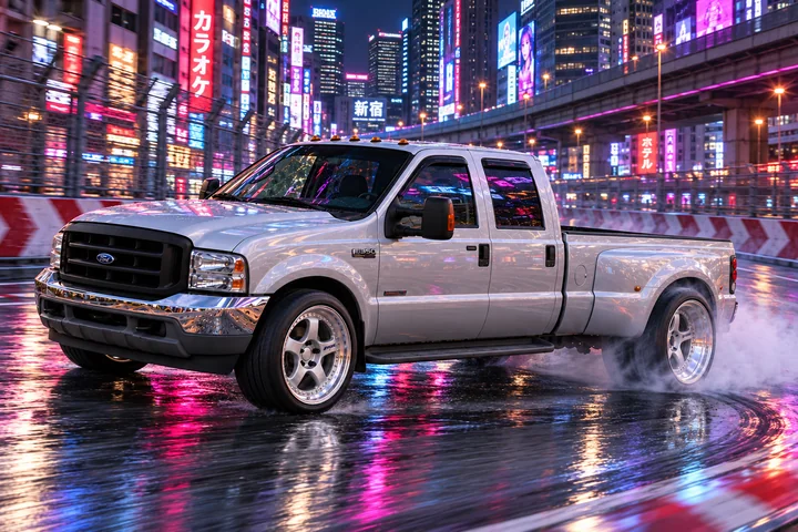Silver F-350 Drifting Through Neon Tokyo.