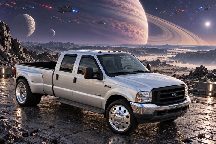 Silver F-350 Beneath a Ringed Planet.