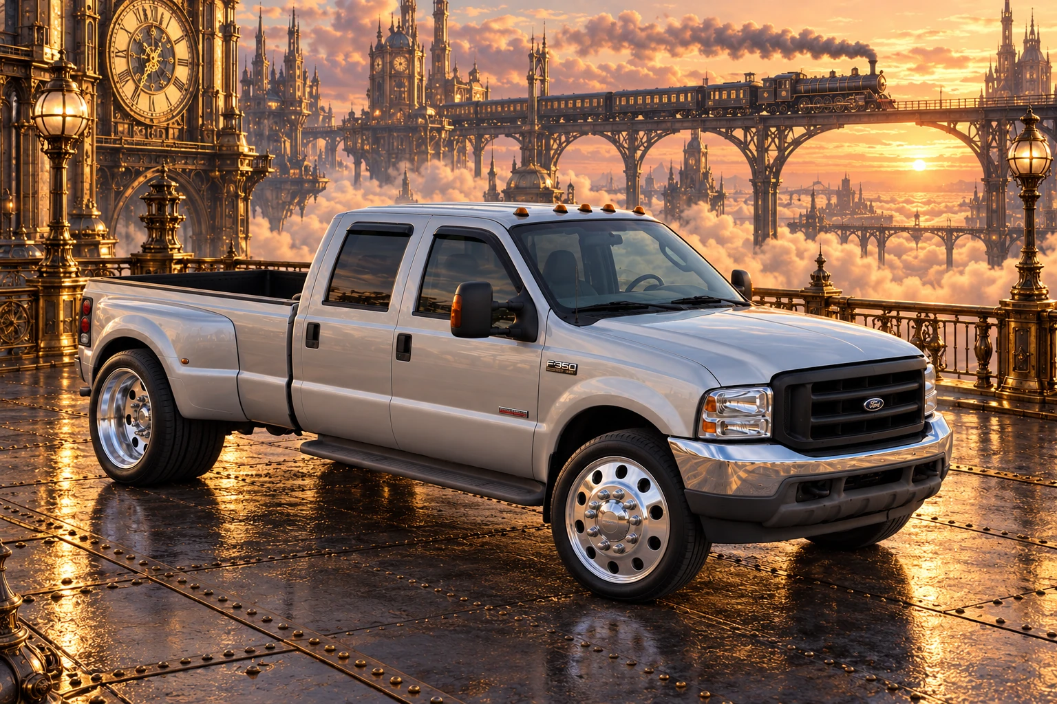 Silver F-350 Above a Clockwork Sky City.