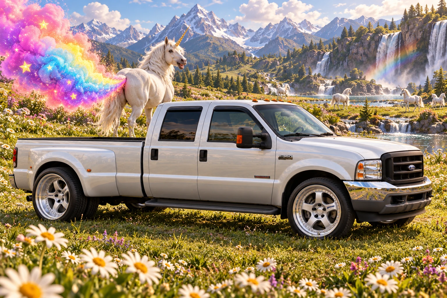 Silver F-350 Meets a Rainbow Unicorn.