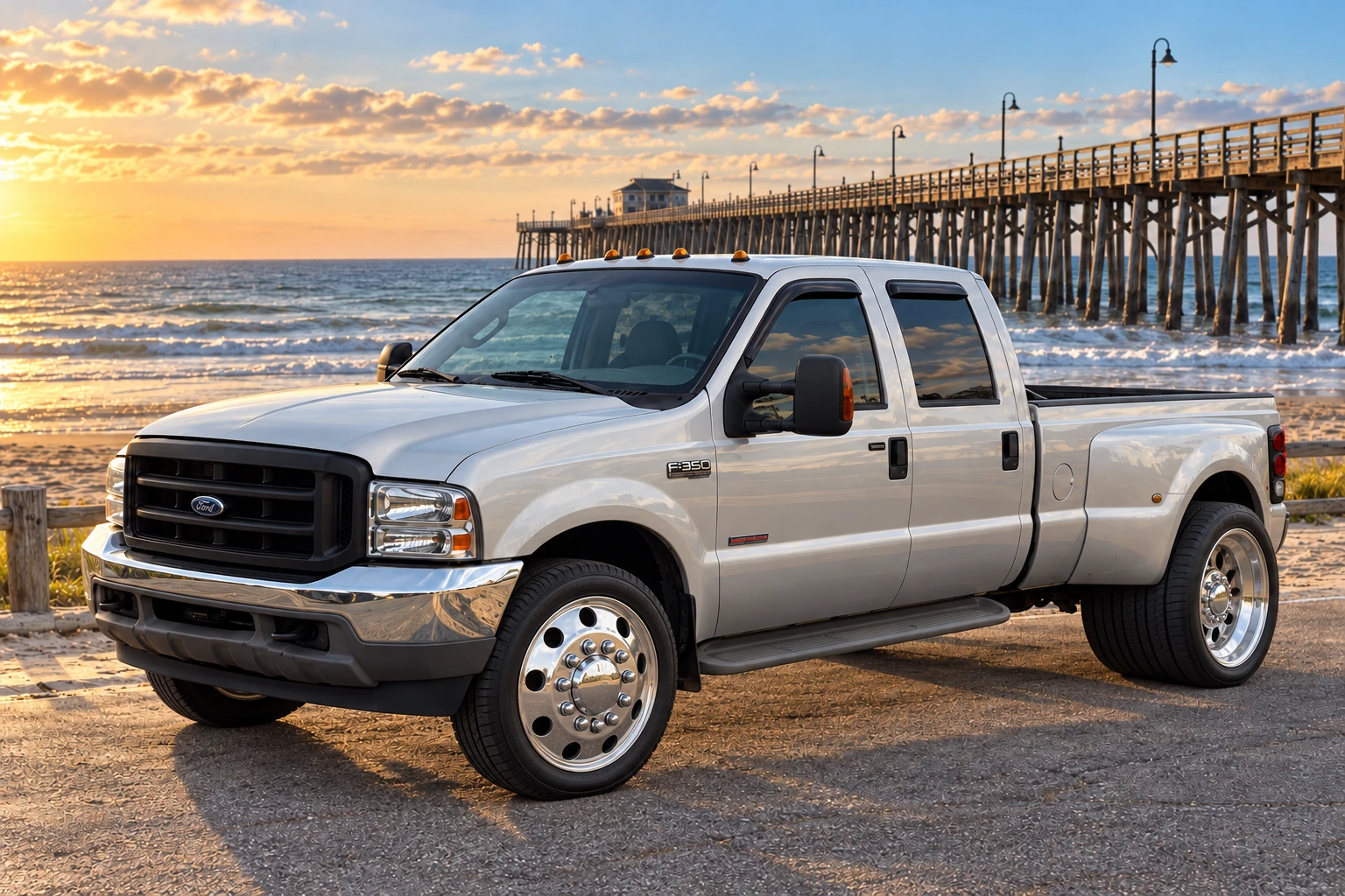 Silver F-350 with polished super-single wheels.