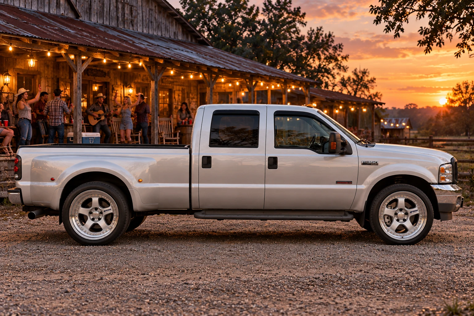 Silver F-350 at a Dusk Roadhouse.
