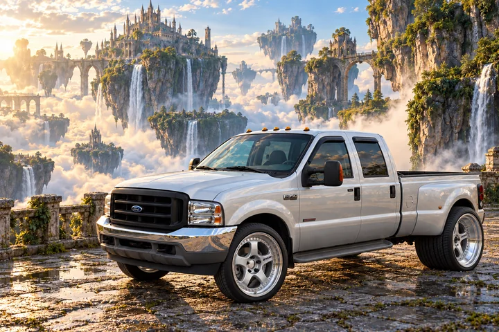Meister-wheeled F-350 among floating castles.